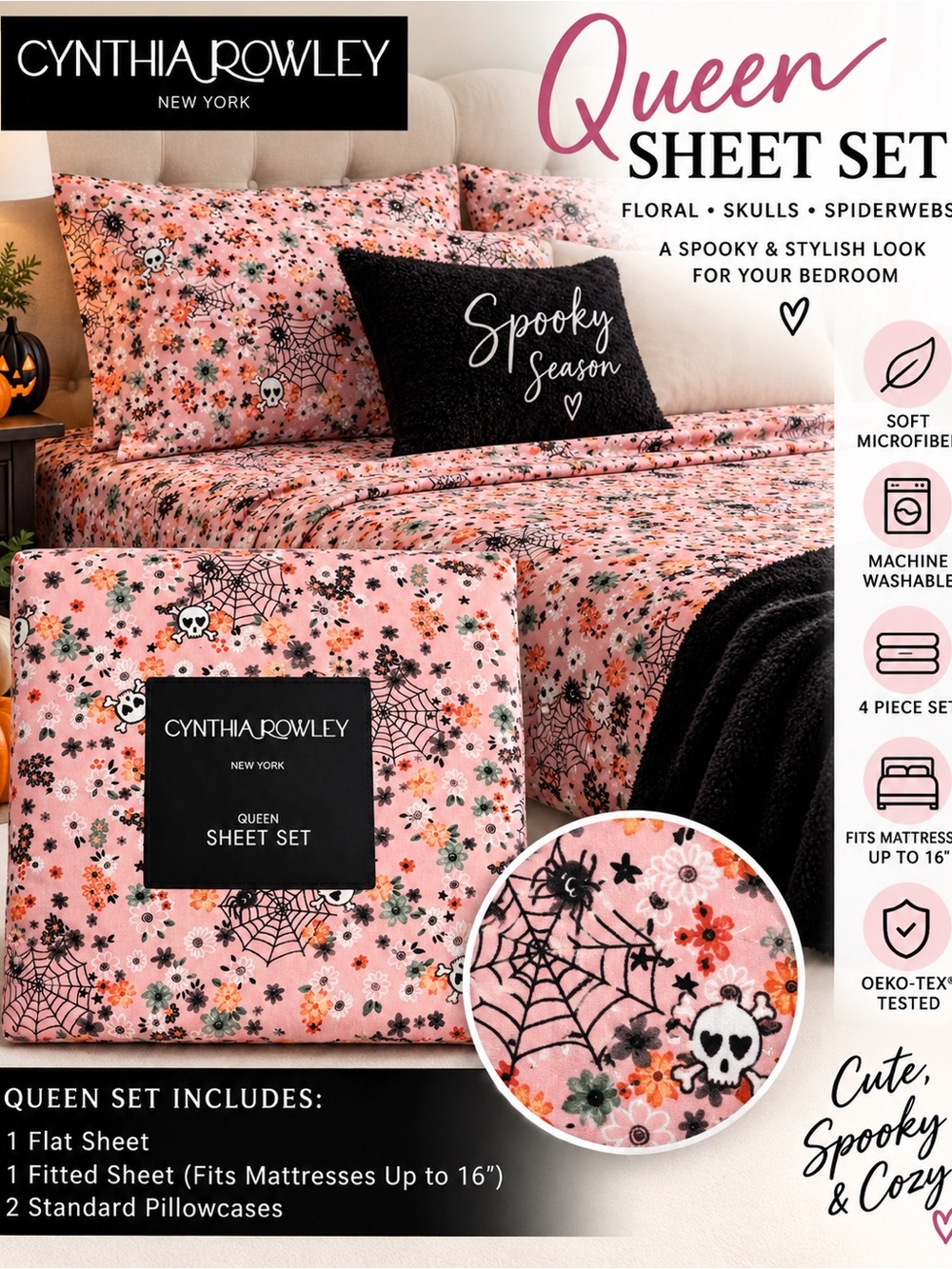 Cynthia Rowley Pink Floral & Skull Queen Sheet Set with Black Accents